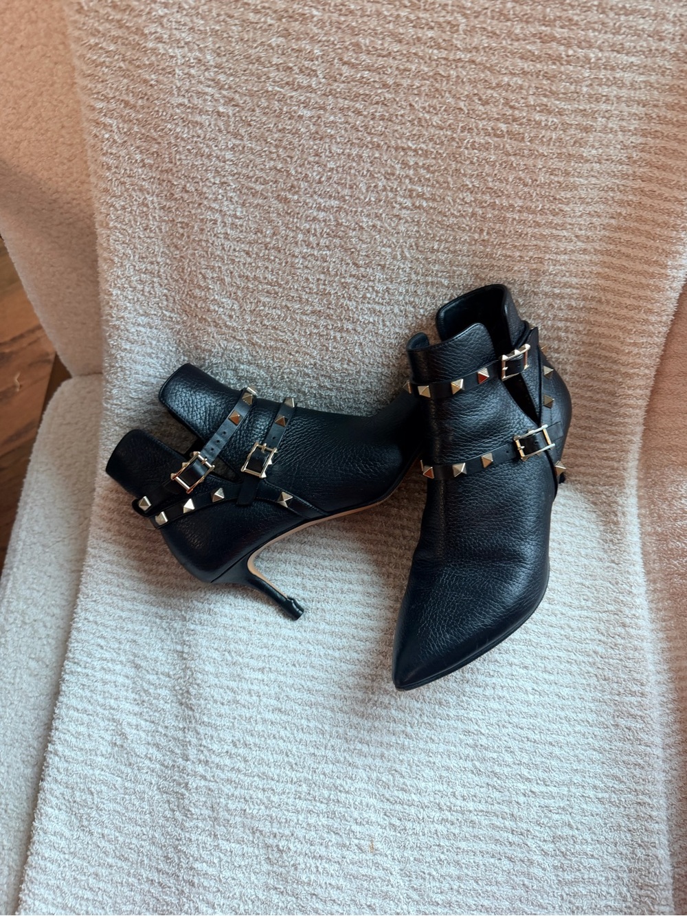 Valentino Garavani Black Leather Studded Pointed-Toe Ankle Booties